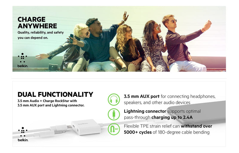 Belkin RockStar Lightning Audio Cable and Charger for iPhone 14, 13, 12, 11, 10 - White 3.5MM Audio + Lightning Charge