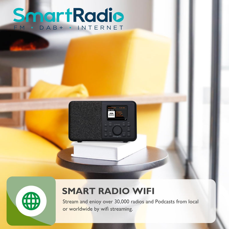 SR10 Internet Radio,WIFI Radio,Podcast Player, Bluetooth Speaker, Smart Radio, Portable FM Radio, Mains and Battery Powered Radio, Color Display,Dual Alarms, Presets,App Control Support-Black Black Mono