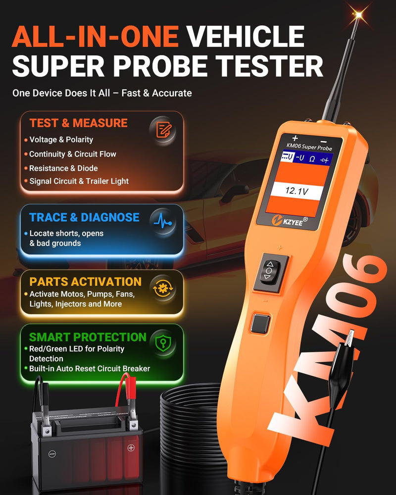 KZYEE KM06 Automotive Power Circuit Probe Tester 8-35V, All-in-One Electrical Diagnostic Tool with Component Activation, Short Circuit Finder, Wire Tracer & Trailer Light Tester for Cars, Trucks & RVs Amber Orange