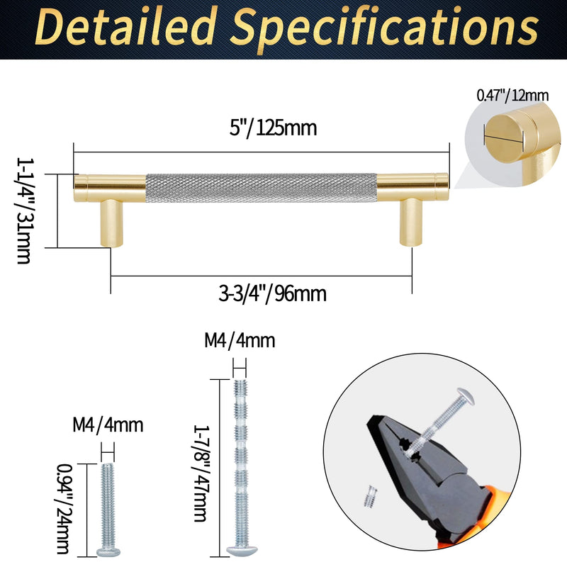 Knurled Cabinet Pulls 12 Pack, 5 Inch Long Cabinet Handles Metal Door Pulls, Kitchen Drawer Pull Knurled Dresser Handles - 3 3/4" Hole to Hole, Grey & Gold 96mm | 3-3/4 inch C/C Gray