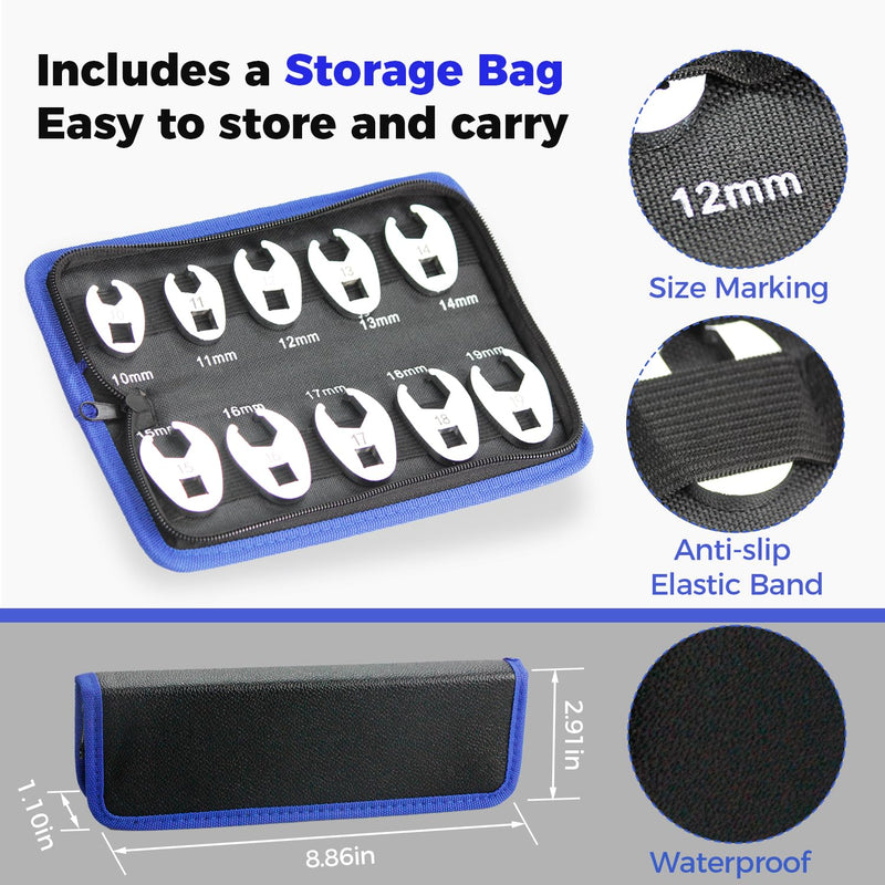 3/8" Drive Flare Nut Crowfoot Wrench Set, 10 Piece Cr-V Steel + Ni-Cr Plating 5 Point Grip Flare Nut Crow Foot Tool Set, Metric 10-19mm Crows Feet Wrench Set with Storage Pouch for Home Car Repair Flare Nut - Metric