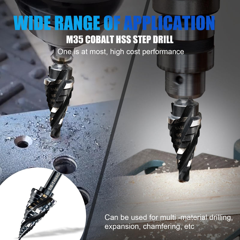 Four Spiral Flute M35 Step Drill Bit Set 1/4"-1"(3 pcs 30 Sizes), 1/4" Shank for Metal Step Drill bit, Impact Resistant Cobalt Step Drill Bit, for Stainless Steel, Wood, Aluminum, Plastic Spiral 1/4"-1"