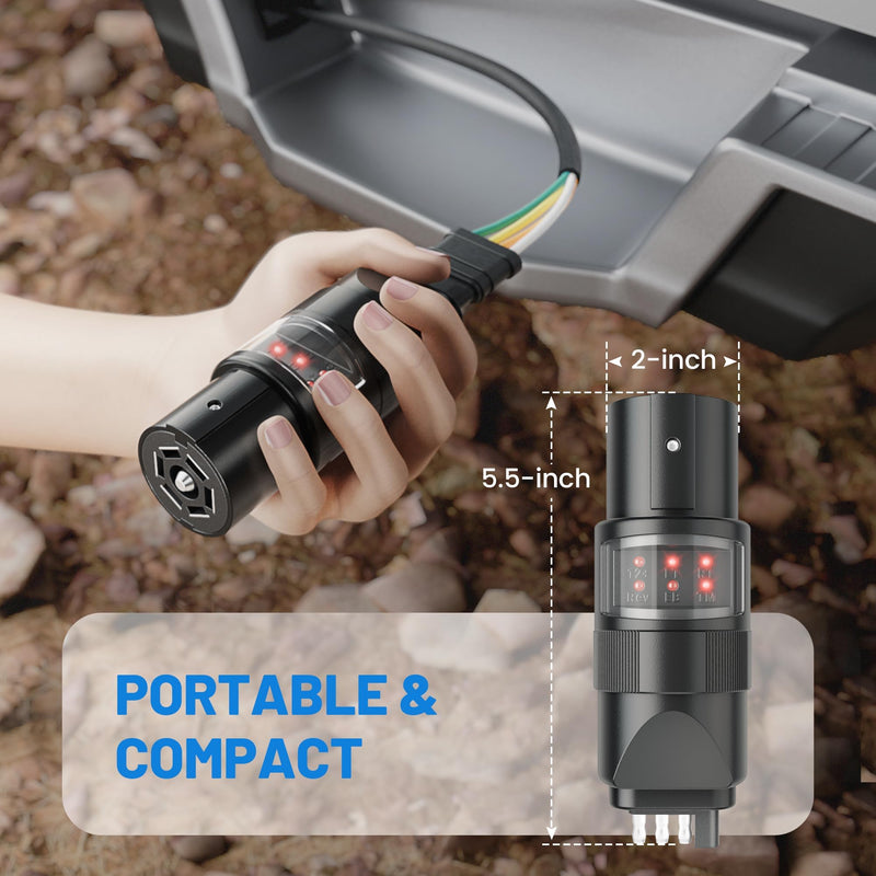 MECMO 360° Rotatable 7 Pin & 4 Pin Circuit Tester Adapter w/ 6 LED Indicators, Swivel 7 Way Blade to 4 Way Flat Connector Plug Tester for RV Pickup Truck Tow Hitch Towing Vehicle Trailer Wiring Socket