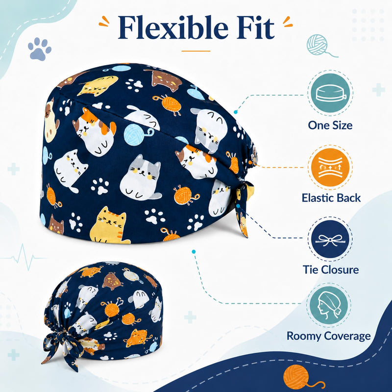 Surgical Cap for Cats, Scrub Cap, Cotton, Adjustable, Breathable, Reusable, for Women, Men, Dentists, Veterinarians, Clinics, Surgical Staff, Long Hair, 1 Piece