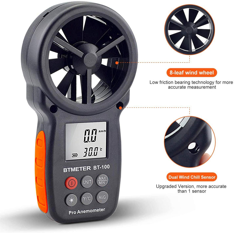 BTMETER BT-100 Digital Anemometer Handheld Anemometer Wind Speed Meter Gauge, Precise measurement of wind speed (CFM) with MAX/MIN/AVG, LCD backlight for shooting BT-100 anemometer