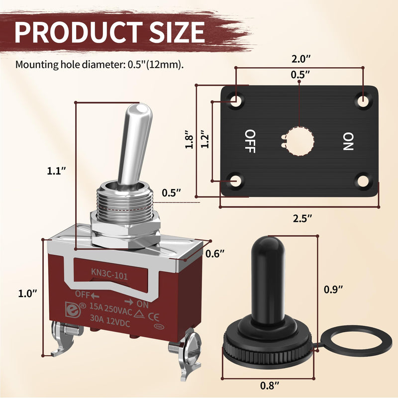 Heavy Duty Toggle Switch 12V DC 30A Waterproof Toggle Switch 2 Pin ON/Off SPST with Mounting Panel, Weatherproof Cap Cover for Auto Car Marine Boat