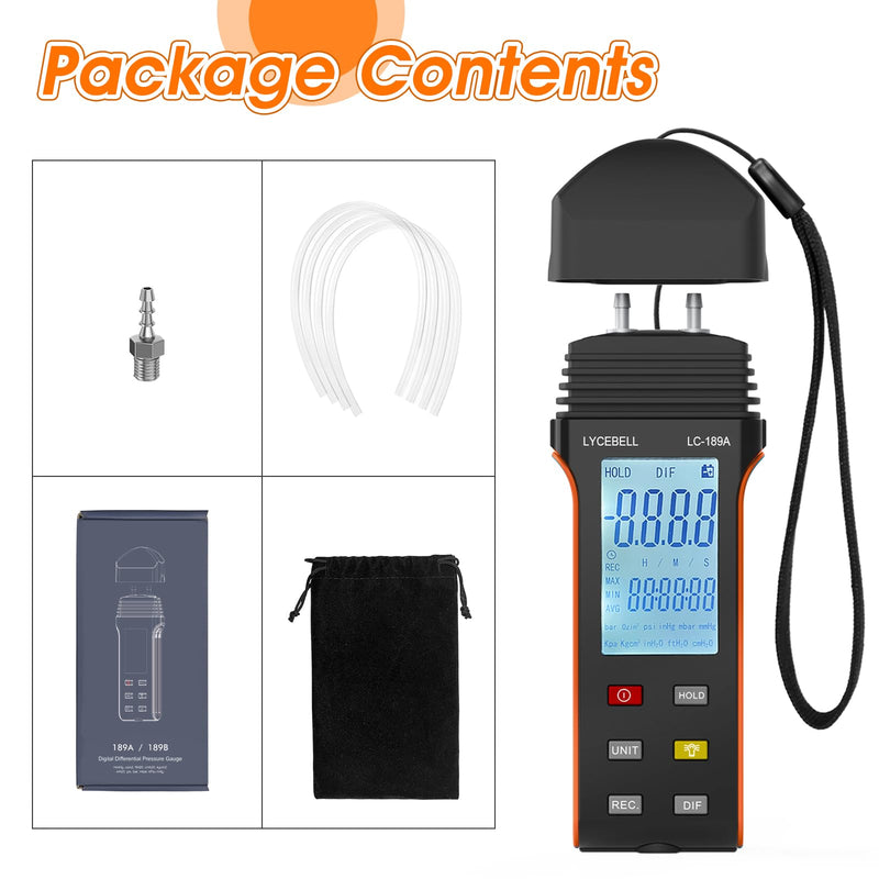 LC-189A Pressure Gauge, Digital Air Pressure Gauge, Differential Pressure Gauge, HVAC Gas Pressure Gauge, Suitable for Air Pressure Measurement (Black + Orange)