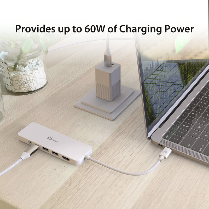 j5create USB-C Mini Hub - 4K HDMI, 2 x USB 3.1 5Gbps, microSD & SD Card Reader, 3.5mm Audio Jack, 60W PD Pass-Through Charging (JCD373)