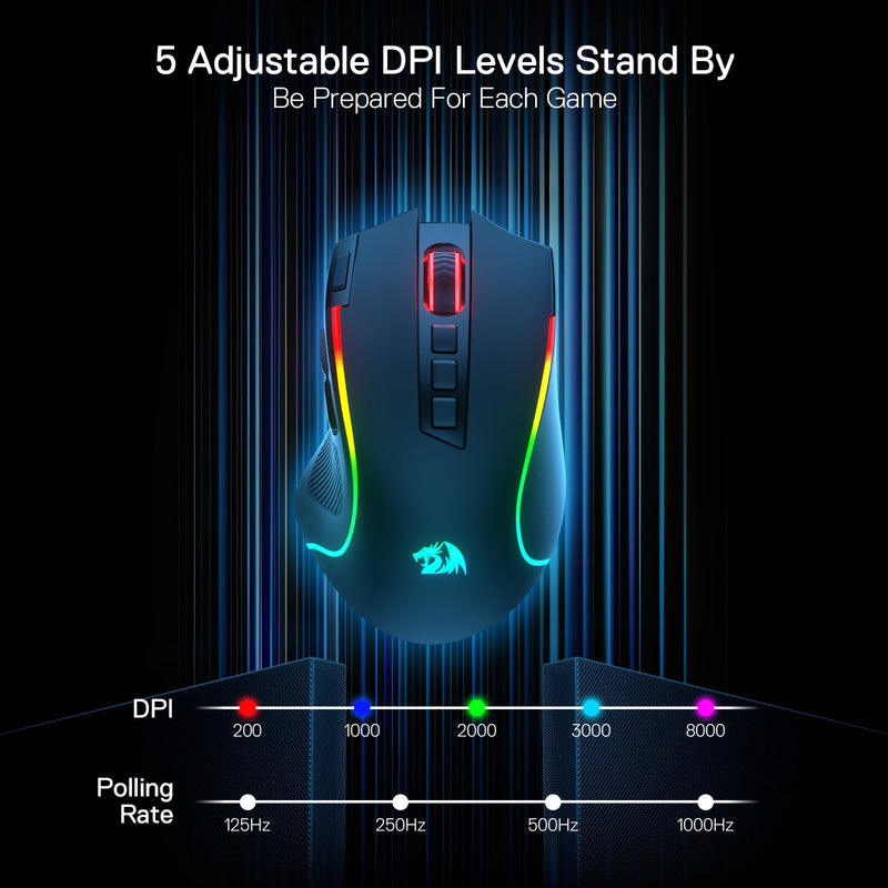 Redragon M612 PRO RGB Gaming Mouse, 8000 DPI Wired/Wireless Optical Gamer Mouse with 9 Programmable Buttons & 7 Backlit Modes, BT & 2.4G Wireless, Software Supports DIY Keybinds Rapid Fire Button Black