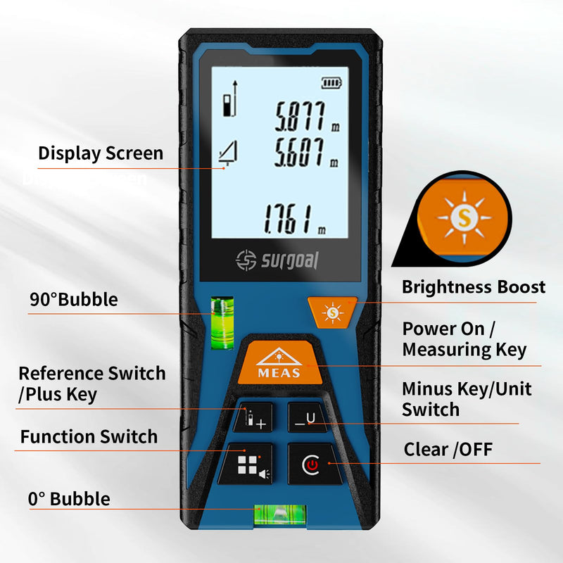 Laser Distance Meter Digital Laser Measuring Tool with LCD Backlit Display, Area Volume Pythagorean, ±2mm Accuracy, Class II, Electronic Tape Measure for DIY Construction – AAA Battery Powered Blue Green 393FT