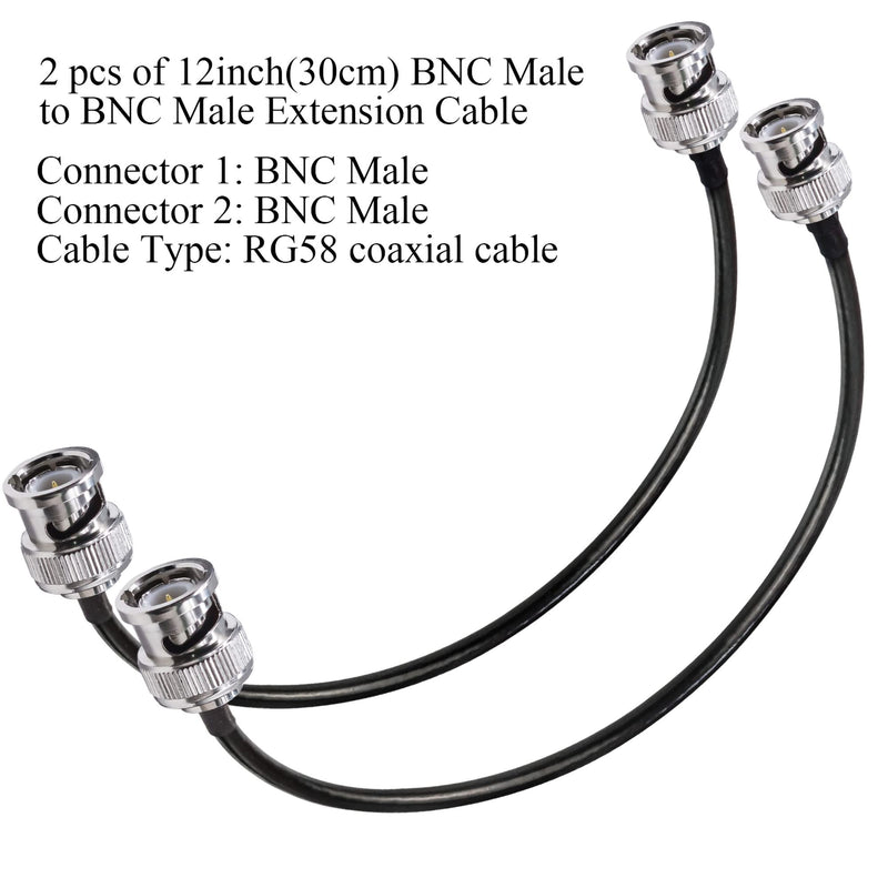 RG58 BNC Cable 50 ohm BNC Jumper, 12 inch (30cm) Low Loss BNC Male to BNC Male Extension Coax Cable for Antenna Analyzer, CB Radio, Security CCTV Camera(2pcs) 0.98 ft-2PCS