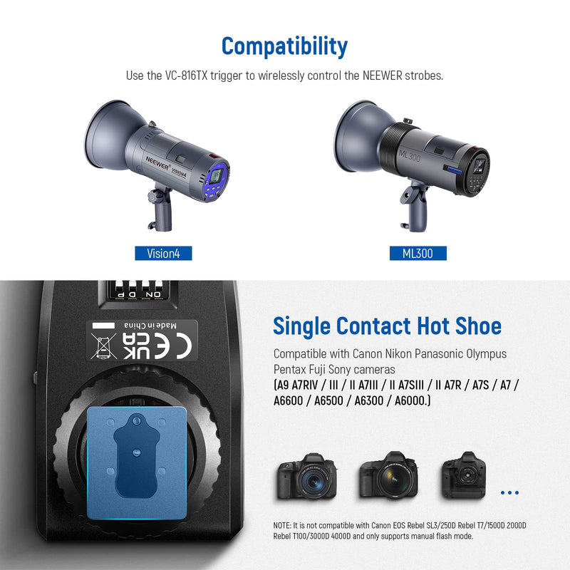 NEEWER 2.4G Remote Trigger, Wireless Transmitter with 16 Channels 49.2 ft/15m Transmission Distance Only for NEEWER Vision4, ML300 Studio Strobe (VC-816TX)