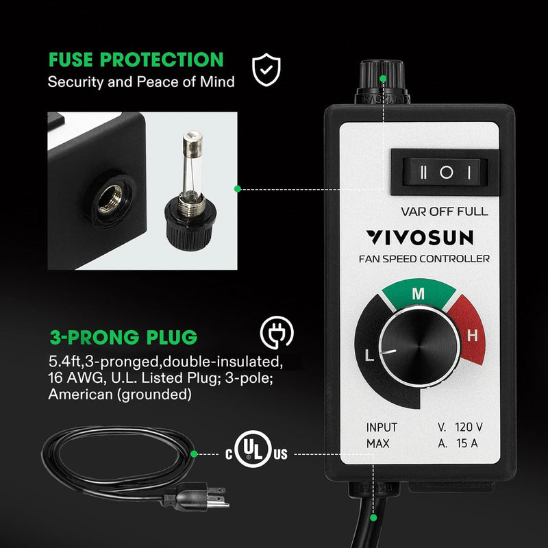 VIVOSUN Variable Fan Speed Controller, Speed Adjuster for Inline Duct Fan in Ventilation System Single Power Cord (1500W)