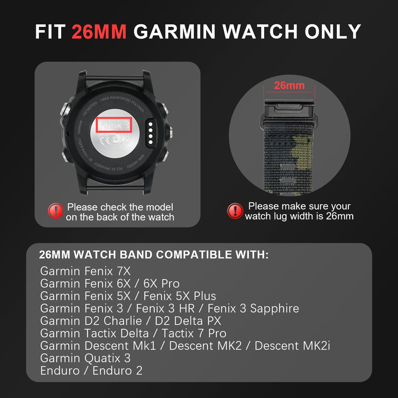 26mm Nylon Watch Band Compatible for Garmin Fenix 7X/ Fenix 6X/ Fenix 5X/ Tactix Delta, Camouflage Quickfit Bands for Garmin Fenix 3/3 HR, Fenix 5X Plus/6X Pro/Descent MK1/Enduro A-Camouflage