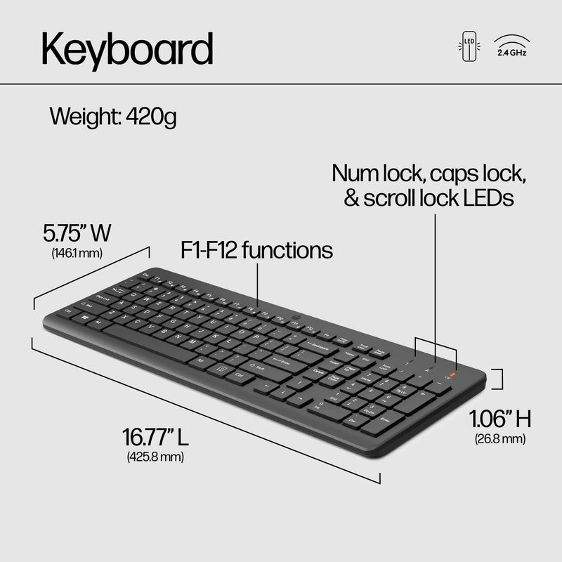 HP 330 Wireless Keyboard and Mouse Combo - 2.4 Ghz Wireless USB Receiver - Chiclet Keys, 12 Keyboard Shortcuts - 1600 DPI Multi-Surface Mouse - LED Num Lock, Caps Lock, Scroll Lock (2V9E6AA)