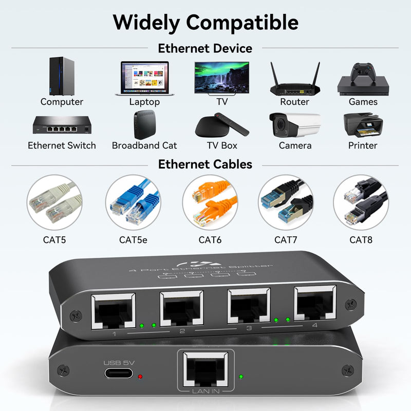 Ethernet Splitter 1 to 4 1000Mbps High Speed Internet Splitter, Gigabit Network Splitter with an Ethernet Cable and a USB Power Cable, 1 in 4 Out LAN RJ45 Splitter Work with Cat 6/7/8 Cable