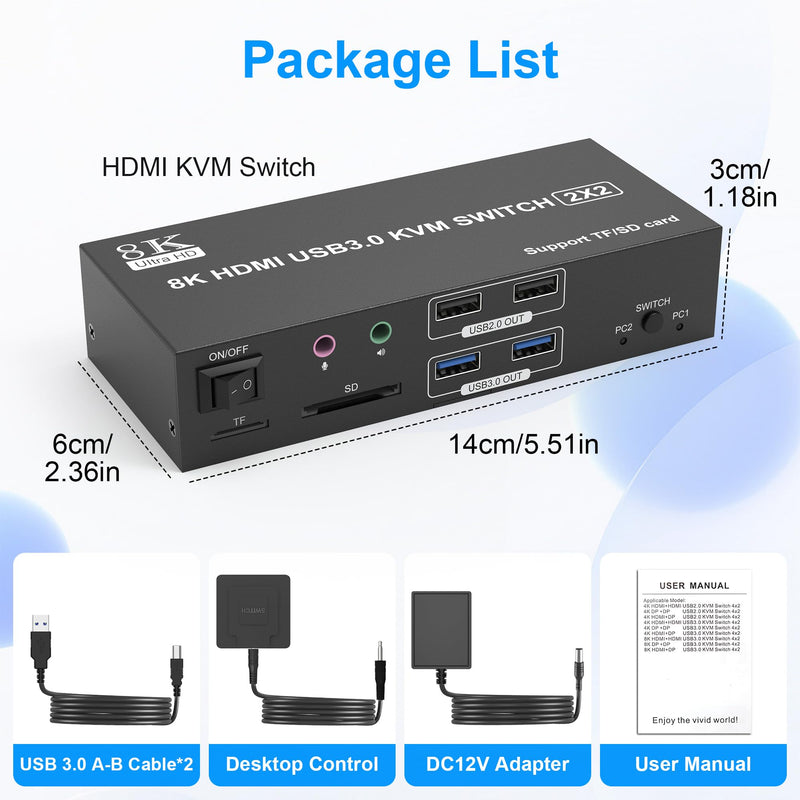 8K HDMI KVM Switch 2 Monitors 2 Computers Dual Monitor Support 8K@60Hz 4K@120Hz KVM Switcher for 2 Computers Share 2 Monitor, 4 USB Devices, Audio Microphone and SD TF Card, DC 12V &Wired Controller Black