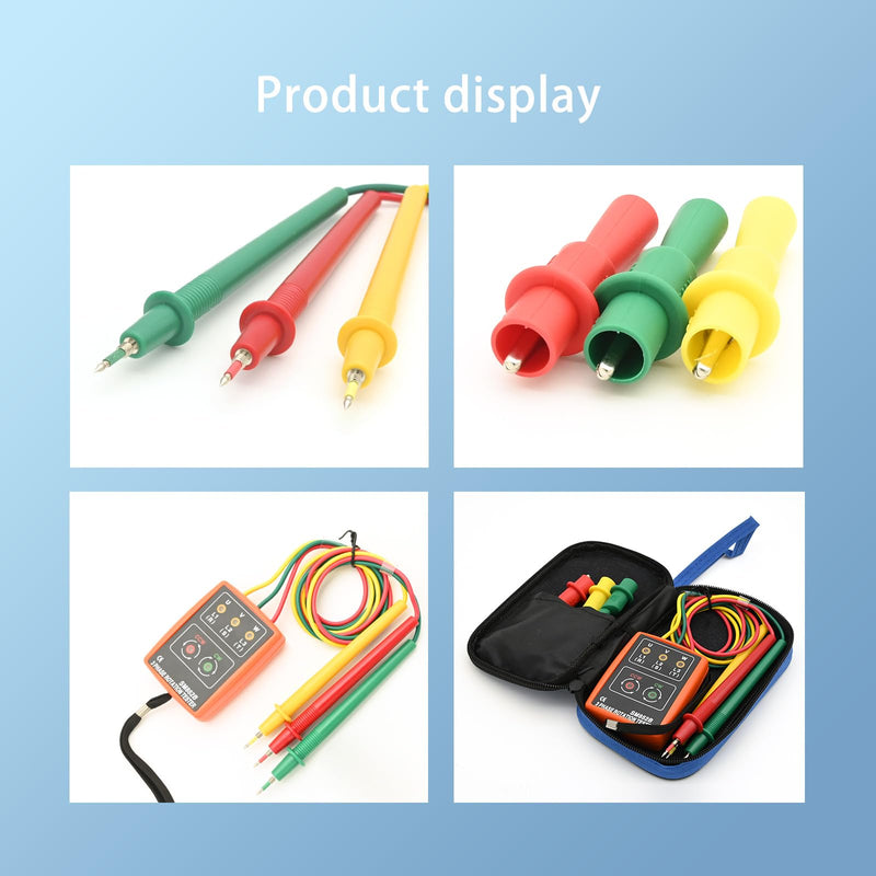 Phase tester, rotating field measuring device AC60V ~ 600V, rotation display tester detector meter, 3 phase sequence presence rotation tester with buzzer tester and crocodile clips, voltage tester for high-voltage devices