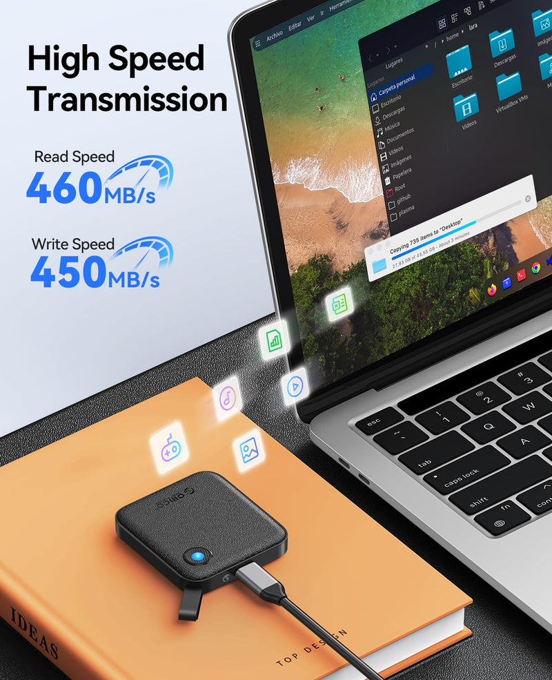 ORICO Portable SSD 1 TB with 2 in 1 USB C Cable, External Solid State Drives, Up to 460MB/s, Status Indicator, Reliable Storage for USB-C Smartphone, Tablet, PC - B5PLUS 1TB