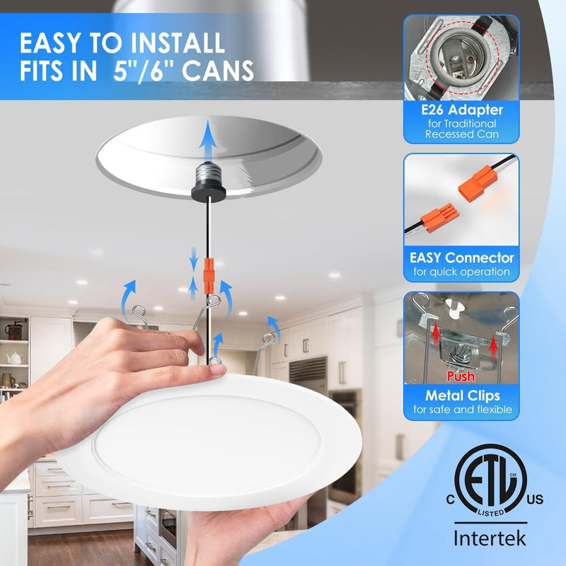 ANWIO Recessed Lighting 6 Inch 5CCT 1000LM High Brightness Flat Retrofit LED Recessed Lights Can Needs, 2700/3000/4000/5000/6000K Selectable Can Lights 10W CRI 80+ Dimmable E26 IC Rated & ETL 5 Pack White 6inch-5pack