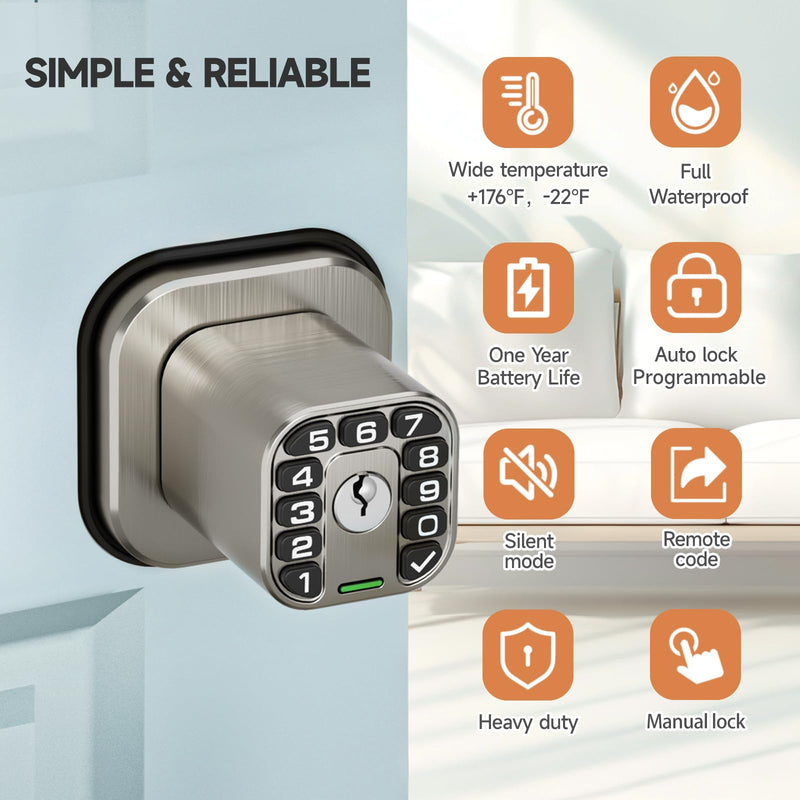 Richelock Square Door Knob with Keypad, Keylees Entry Door Lock with Cylinder, Auto Lock, Waterproof & Weatherproof Code Doorknob for Outdoor & Indoor, Bedroom, Entry Door,Office -Satin Nickel Satin Nickel