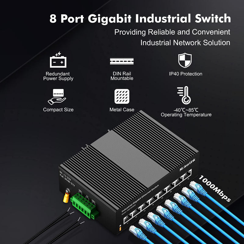 MokerLink 8 Port Gigabit Industrial DIN-Rail Ethernet Switch, 16Gbps Switching Capacity, IP40 Rated Network Switch (-40 to 185°F), with UL Power Supply 8 Gigabit