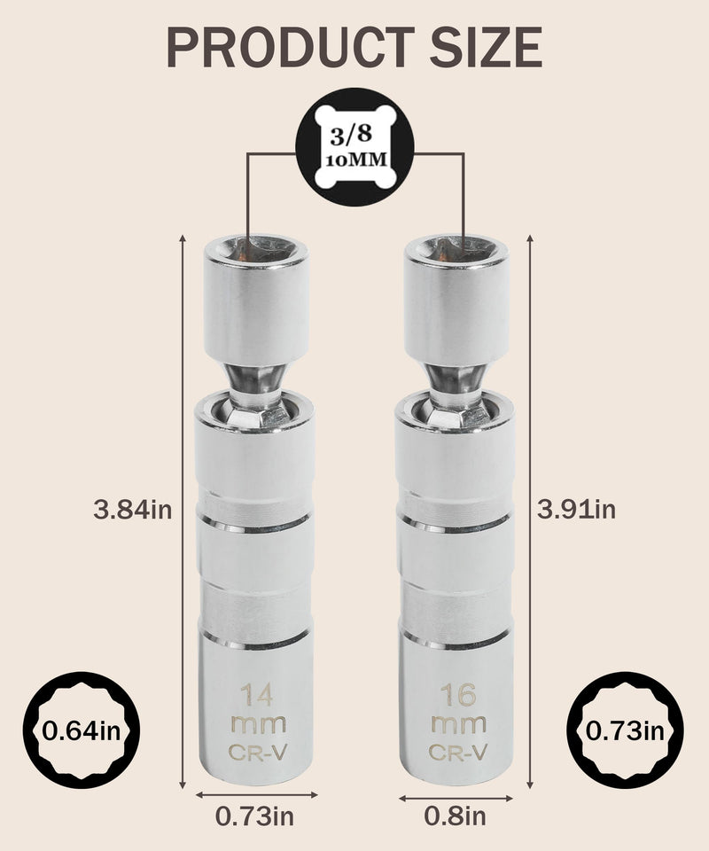 Spark Plug Socket Set,14mm&16mm Magnetic Swivel Spark Plug Socket,Car Accessories Thin Wall 3/8" Drive Spark Plug Socket Removal Tool,12-Point,360-degree Rotation,Compatible with Motorcycle