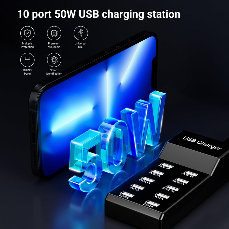 USB Charging Station 50w10A 10-Port USB Charger, Multiport USB Charger Station Hub, Compatible with iPhone, Galaxy, iPad Tablet, and Other USB Charging Devices Black