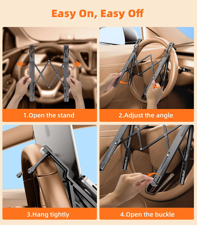 Car Laptop Mount Steering Wheel Tray Holder, Height Adjustable Car Desk for Laptop Computer Tablet, Foldable Portable Lap Laptop Stand for Car Vehicle Workstation Accessories Truck SUV Tesla Metallic Gray