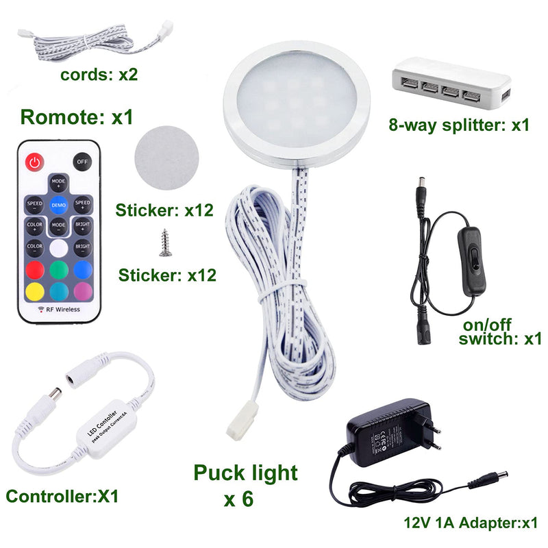 RGB LED Cabinet Lighting Set of 6, AIBOO 12V LED Under-Unit Light Color Changing with Remote Control, Dimmable RGB Display Cabinet Lighting LED for Illuminating Kitchen Cabinets Pack of 6 (Pack of 1)