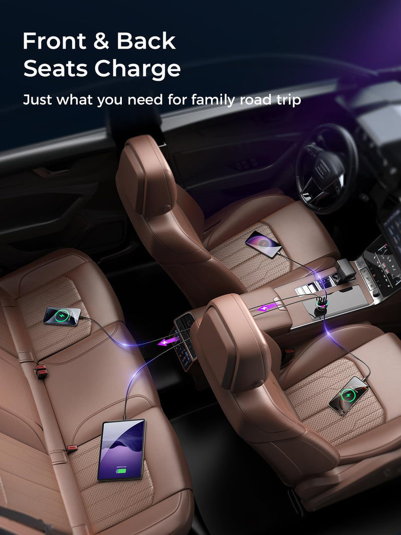 Fast Car Charger FLYLEAD 90W 4 Ports Car Charger [A Must for Family Travel] Super Fast USB C Charge Adapter for iPhone 17/16/15 Pro Max Plus With Cable