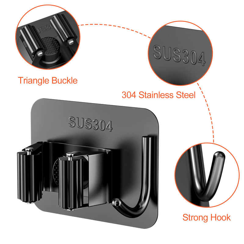 Relota Pack of 6 broom holders wall self-adhesive, device holder wall mount 304 stainless steel, hook broom holder without drilling, mop holder, garden tool holder for kitchen, cupboards, garage, garden (black).