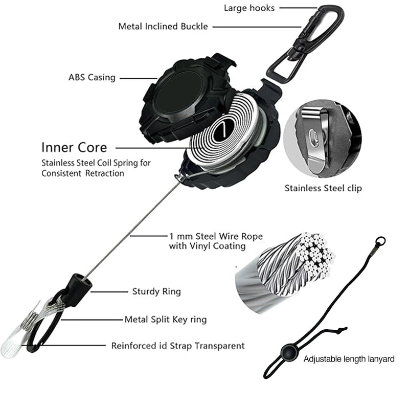 CB Mic Holder Retractable Microphone Keeper Heavy Duty CB Radio Retractable Hanger Tether, 32" Stainless Steel Cord, 12" Nylon Attachment Lanyard, D-Ring Mount Included