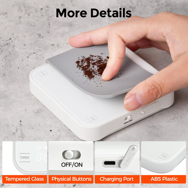 Rechargeable Mini Coffee Scale with Timer, 2kg/0.1g Precision Espresso Scale, Portable Coffee Weight Scale w/ 4 Modes for Espresso and Pour-Over Coffee (White) White
