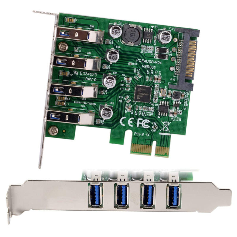 ChenYang 4 Port PCI-E 1X to 4 USB 3.0 HUB PCI Express Expansion Card Adapter with 80/120mm PCI-E Slot Bracket Green 4 Ports