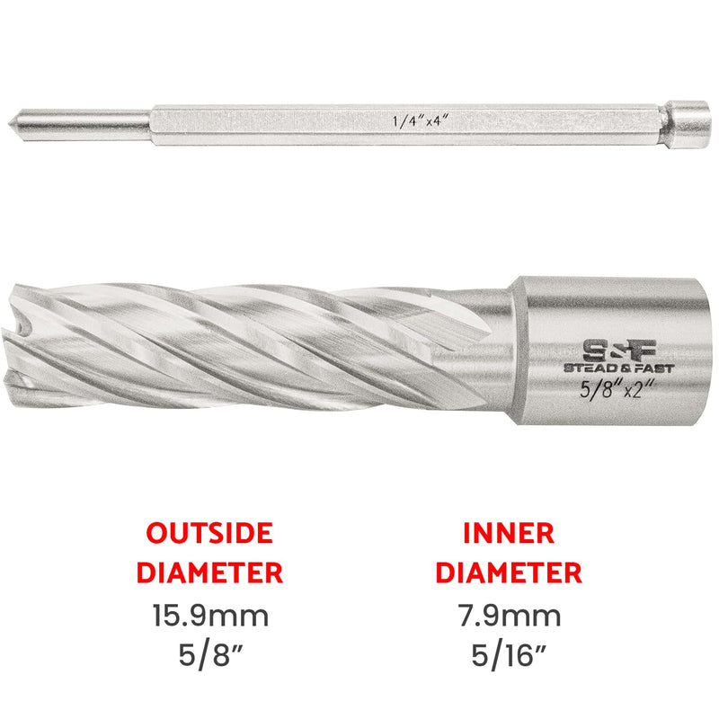 S&F STEAD & FAST HSS Annular Cutter 5/8" Cutting Diameter 2" Depth of Cut, 3/4" Weldon Shank, Mag Drill Bit with Pilot Pin for Magnetic Drill Press 5/8" x 2"