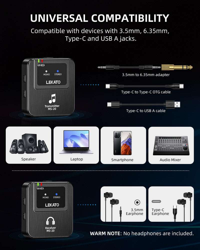 LEKATO Wireless In-Ear Monitor MS-20, 2.4G IEM System Low Latency, with Beltpack Transmitter Auto-Pairing Receiver, OTG Support, One to More, in-Ear Monitoring for Live Performance Singer Band Starter Grey