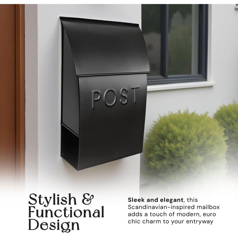 NACH Mailboxes for Outside Wall Mount, 15 x 10 x 4 inches, Black Wall Mounted Mailbox and Newspaper Holder, Waterproof Mailbox for Door - The Milano Mailbox Post - Black