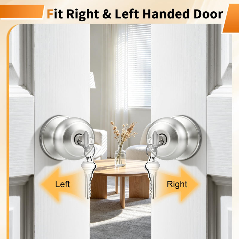 Probrico Keyed Alike Door Knobs with Lock and Key, Exterior Door Locks, Flat Ball Knob Style, Brushed Nickel, 2 Pack