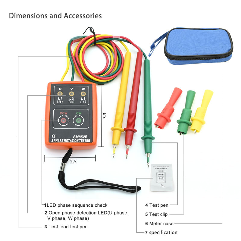 Phase tester, rotating field measuring device AC60V ~ 600V, rotation display tester detector meter, 3 phase sequence presence rotation tester with buzzer tester and crocodile clips, voltage tester for high-voltage devices
