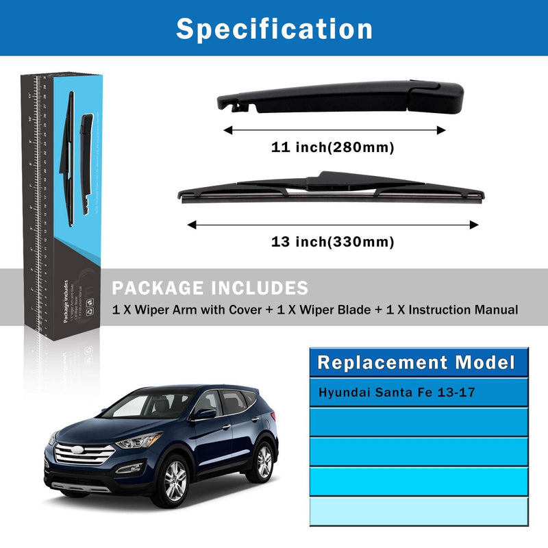 WTI Rear Wiper Arm Blade Set Compatible With Hyundai Santa Fe 2013-2017 SUV Rear Windshield Window Wiper Kits Assembly New Replacement Accessories Parts Fit 98811B8000