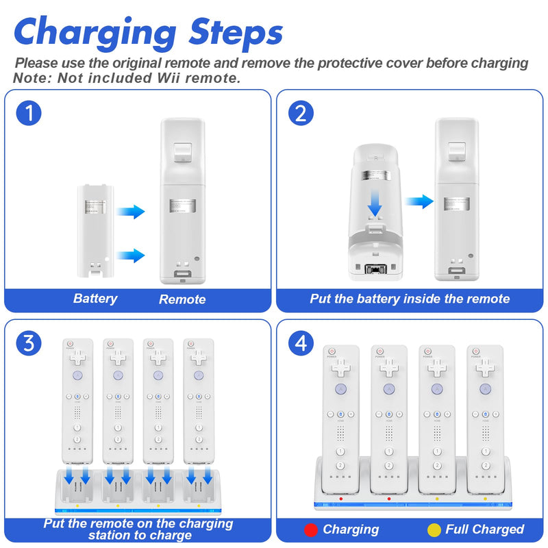Remote Controller Charger Station for Wii/Wii U with 4 Pack 2800mAh Rechargeable Battery Pack, Controller Charging Dock Station for Wii Controller, Remotes are not Included 7.3*2 inches