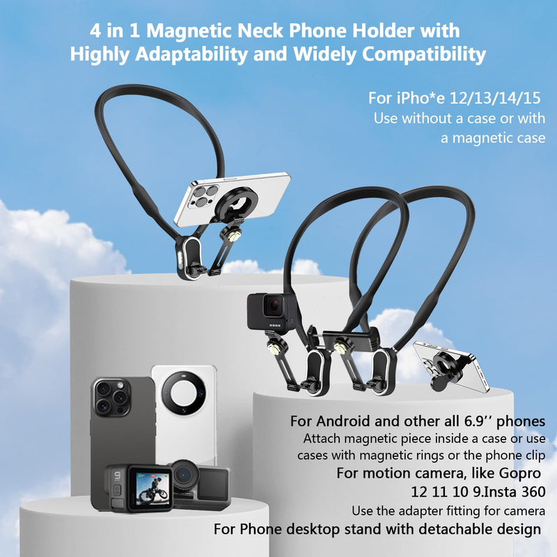4 in 1 Magnetic Neck Mount for Phones,POV/Vlog Neck Phone Holder for Recording w/Chest Strap/Phone Clip Selfie Mount Phone Neck Holder Neck Tripod for iPhone/Android/Go Pro DJI Camera-Black