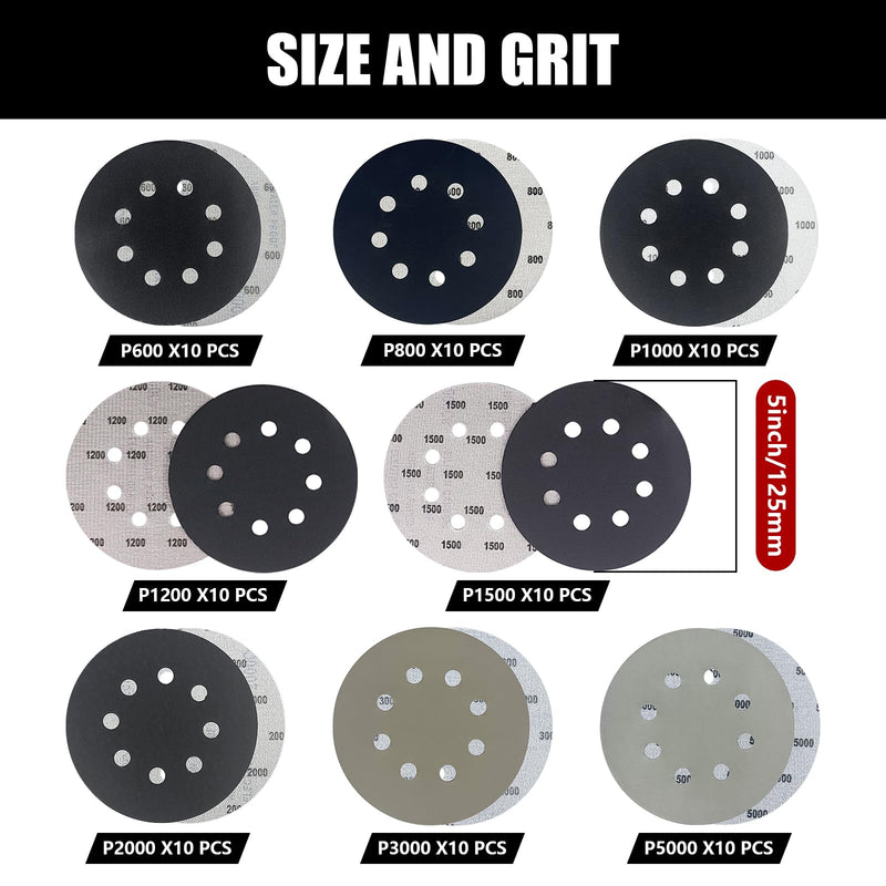 80 pieces sandpaper 125 mm Velcro, eccentric sanding discs, 8-hole grain 600/800/1000/1200/1500/2000/3000/5000 wet sandpaper set, eccentric sander sanding paper for car metal