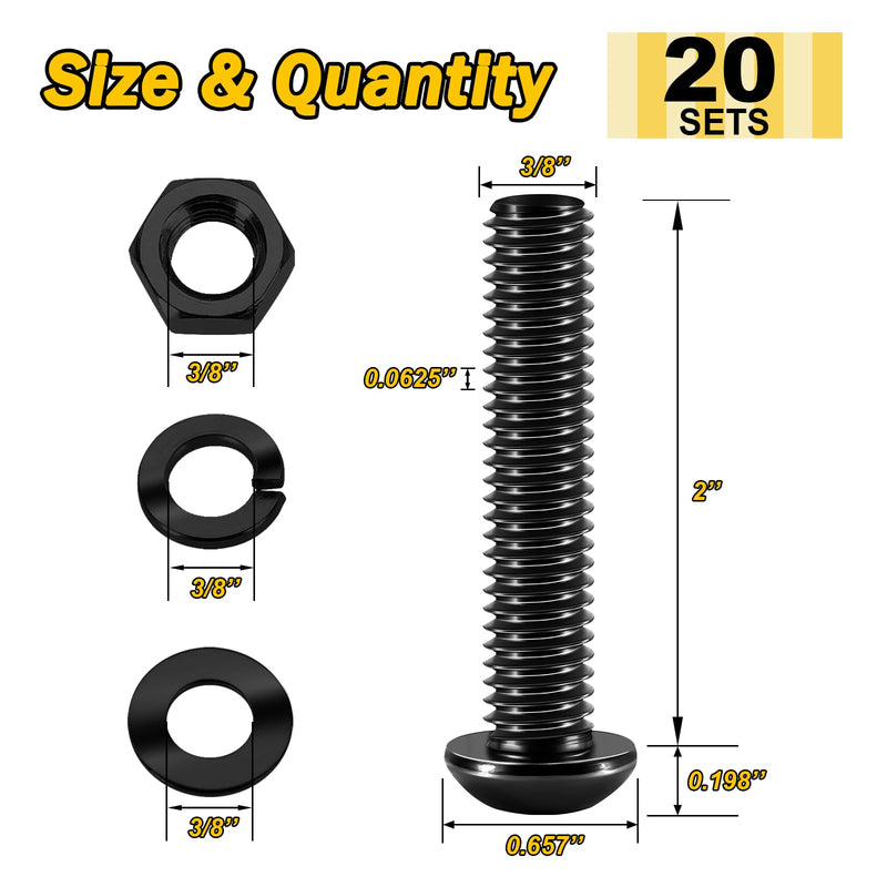 (20Sets) 3/8-16 Bolt x 2" Button Head Socket Cap Bolts Screws, Black Oxide 304 Stainless Steel Nuts and Bolts, 18-8 Allen Screws, Nuts and Bolts Assortment Kit, Hex Spanner by Mywish 3/8-16 x 2"