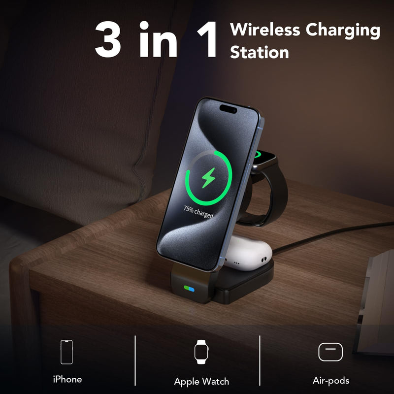 3 in 1 Wireless Charging Station Compatible with Apple Devices,Foldable Magnetic Wireless Charger for iPhone 15/14/13/12,Apple Watch Ultra 2/Ultra/Seires 9/8/7/6/5/4/SE/SE 2,Air-Pods 3/Pro/2(Black) Black