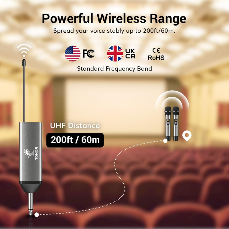 TONOR Wireless Microphones, UHF Dual Cordless Metal Dynamic Mic System with Rechargeable Receiver, for Karaoke Singing, Wedding, DJ, Party, Speech, Church, Class Use, 200ft TW630 Silver