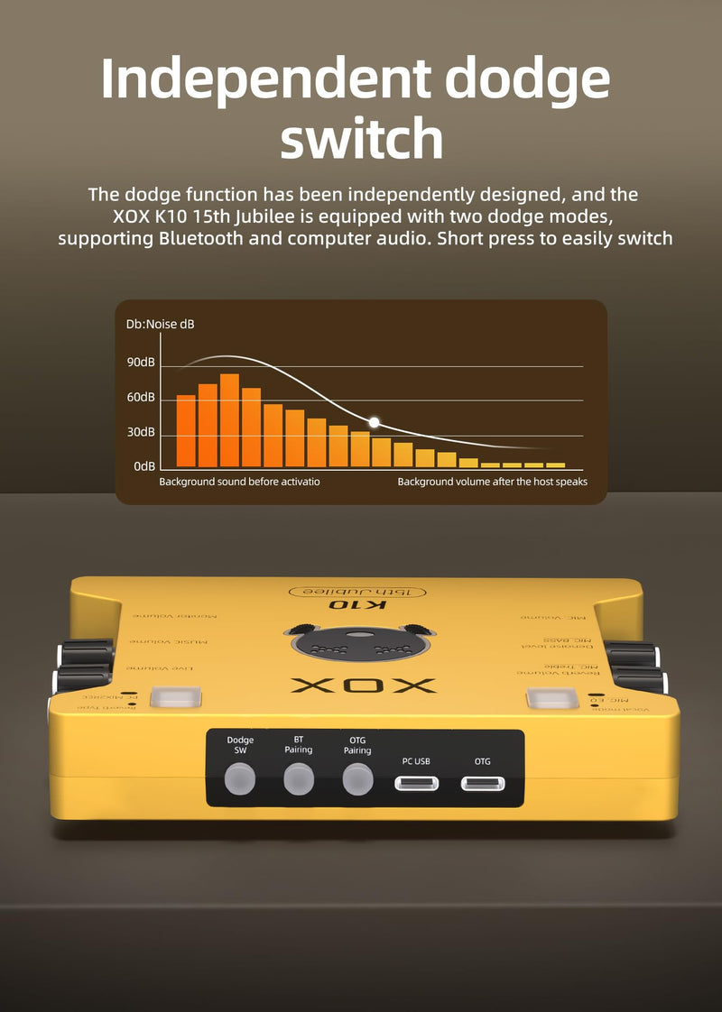 XOX K10 15TH live streaming audio interface for gaming recording bubbing teaching and k song. Stream sound card with 3.5/6.5 microphone,bluetooth and wireless OTG connect.