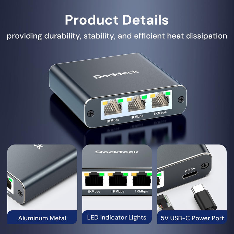 Ethernet Splitter 1 to 3 1000Mbps, Dockteck Internet Cable Splitter 1 in 3 Out High Speed Switch Network Gigabit for LAN RJ45 Port Router Switch Work with Cat5/5e/6/7/8 Cable(Silver Grey) Ethernet Splitter 1 to 3-Grey