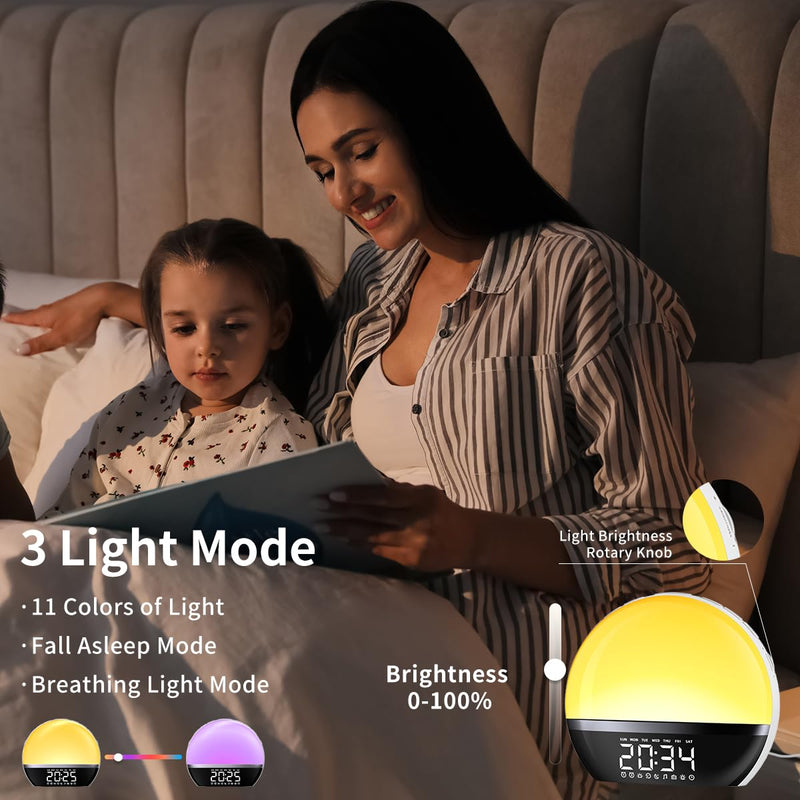FM Radio Sunrise Alarm Clock Sound Machine Wake-Up Light Sunrise Sunset Simulation Adjustable Volume Brightness Sleep Aid 13 Colors 23 Sounds 28 Tunes Snooze Dual Alarm 4 Timers